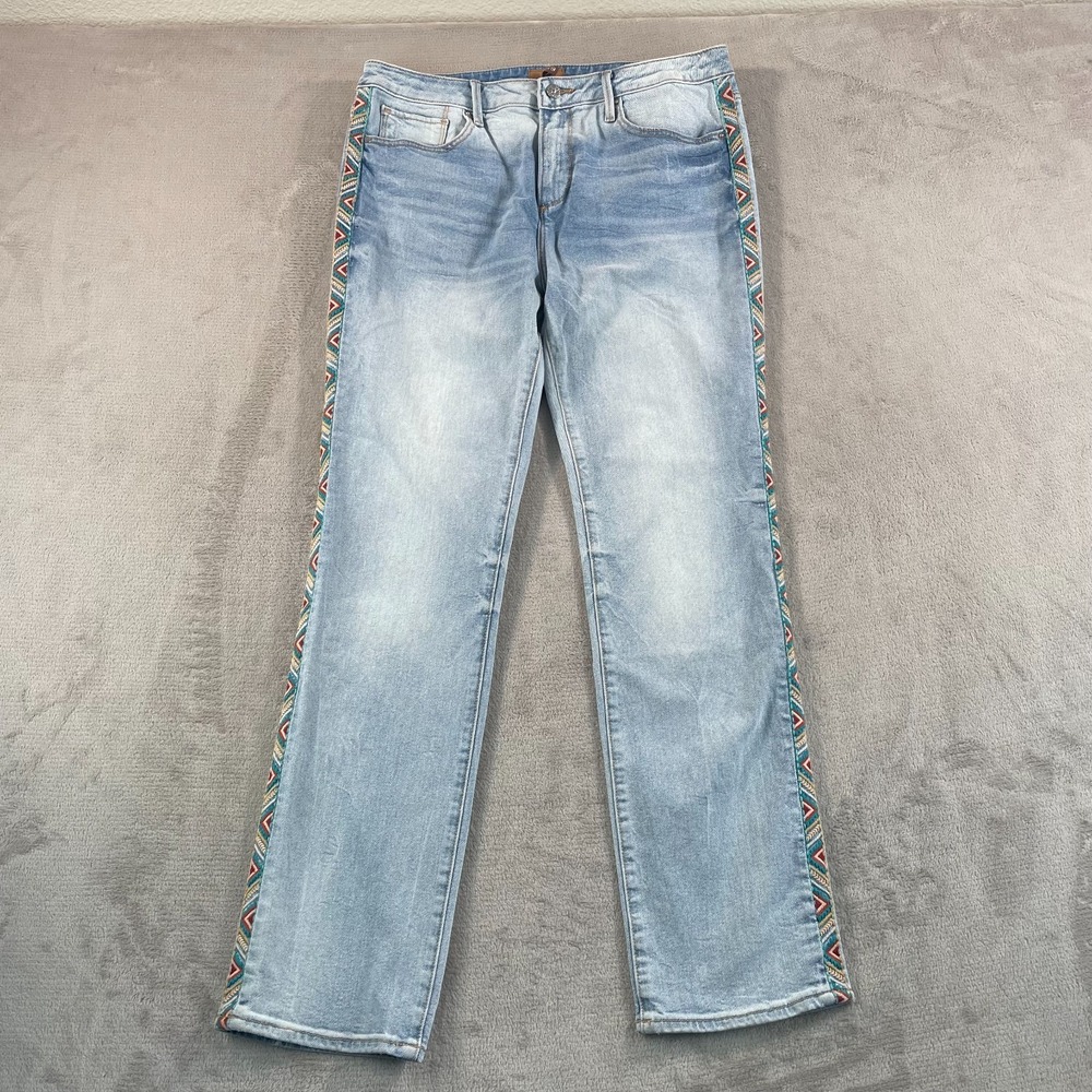 Driftwood Audrey Embroidered Aztec Southwest Jeans Women 34 (tag 32) Light Blue